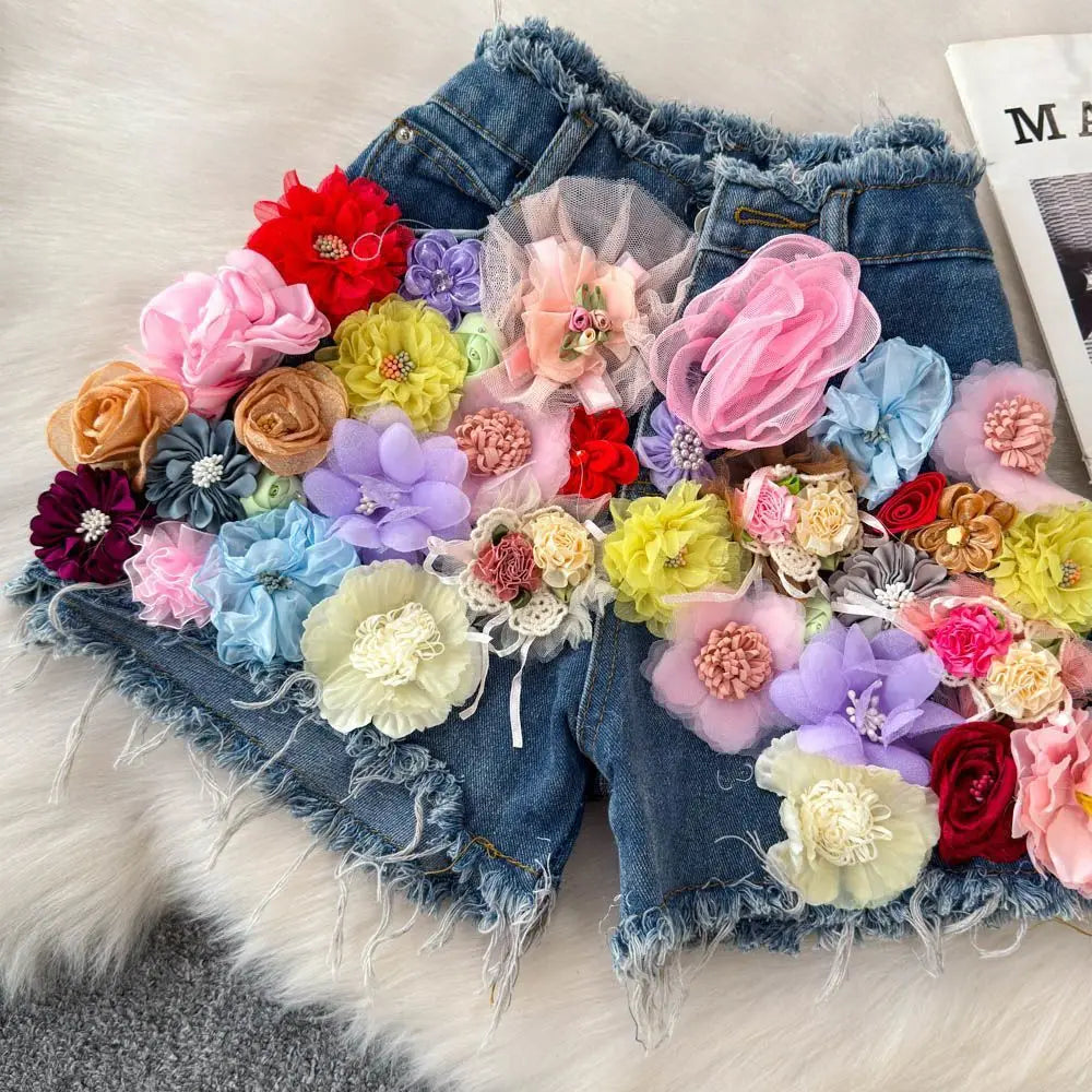 Flora 3D Floral Denim Shorts Apparel One-piece