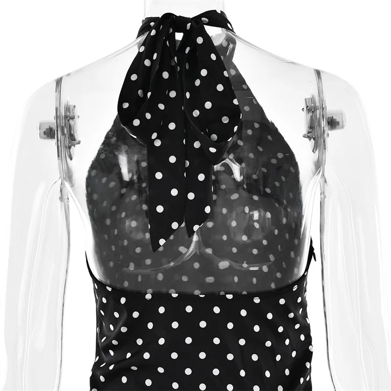 Hyacinthe Polka-Dot Tie-Halter Backless A-Line Mini Dress
