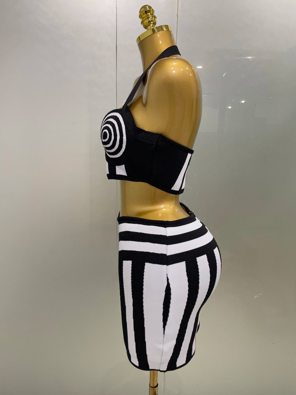 Dagmar Striped Jacquard Bandage Halter Crop Top & Bodycon Mini Skirt Two-piece