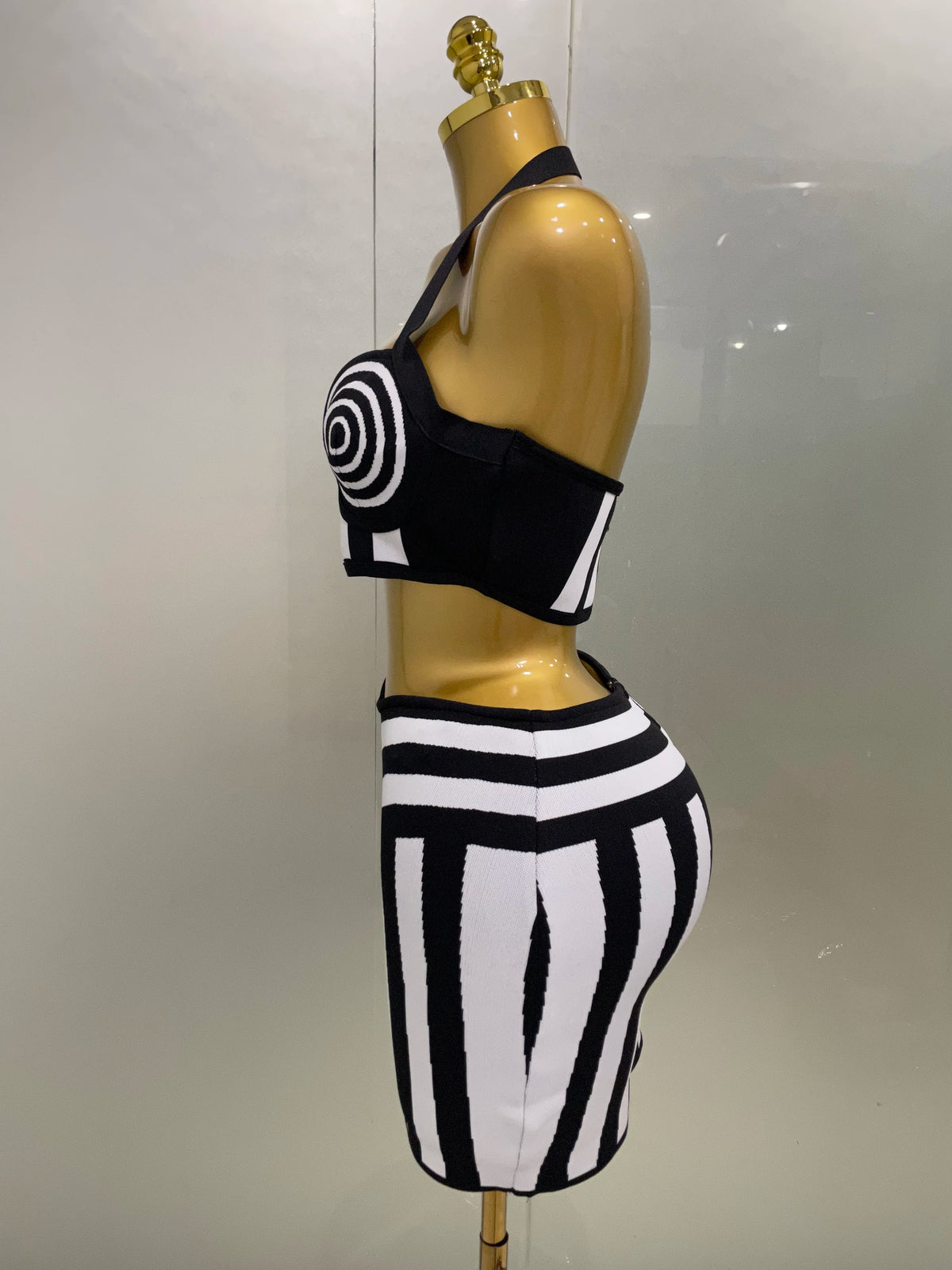 Dagmar Striped Jacquard Bandage Halter Crop Top & Bodycon Mini Skirt Two-piece