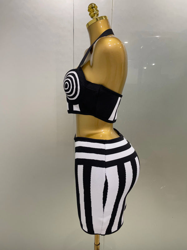 Dagmar Striped Jacquard Bandage Halter Crop Top & Bodycon Mini Skirt Two-piece