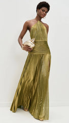 Alina Gold Pleated Halter Maxi Dress