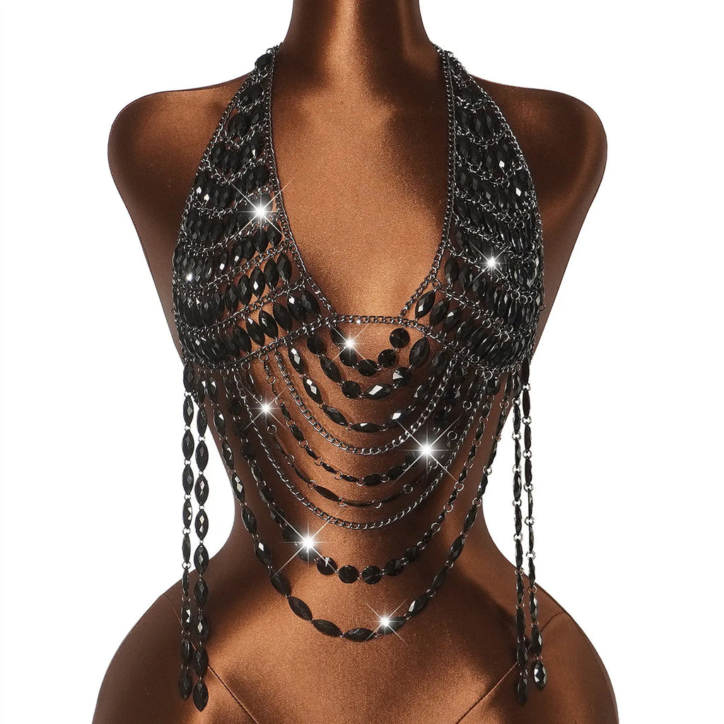 Women Rhinestone Halter Body Top Deep V Open Back Multi Layer Fringe Tassel Crystal Chain Crop Vest Nightclub Rave Jewelry Top
