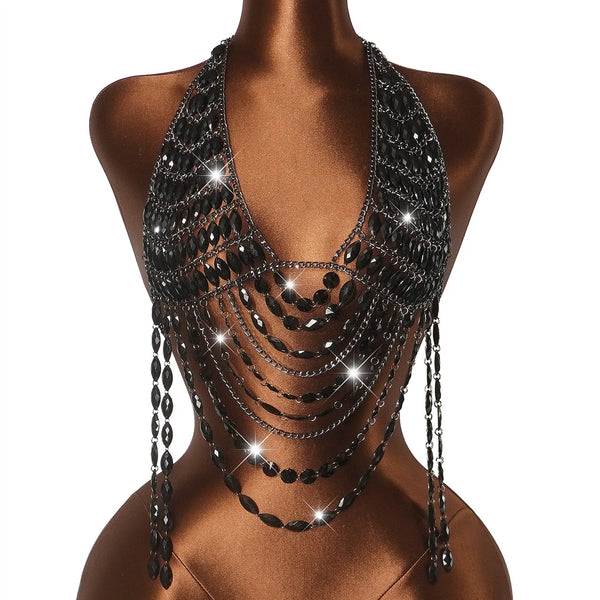 Women Rhinestone Halter Body Top Deep V Open Back Multi Layer Fringe Tassel Crystal Chain Crop Vest Nightclub Rave Jewelry Top