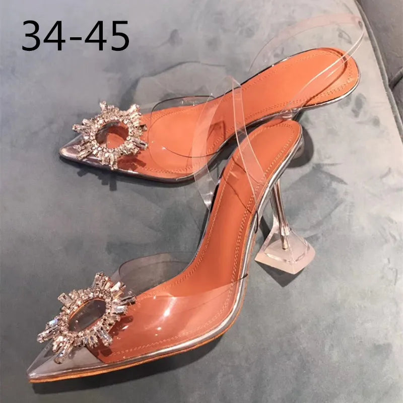 34-45 PVC Transparent Crystal Shoes 2024 Summer New Pointed Odd Heel Shoes Stiletto Ladies Sun Decoration Wild Fairy Shoes