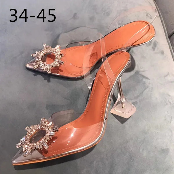 34-45 PVC Transparent Crystal Shoes 2024 Summer New Pointed Odd Heel Shoes Stiletto Ladies Sun Decoration Wild Fairy Shoes