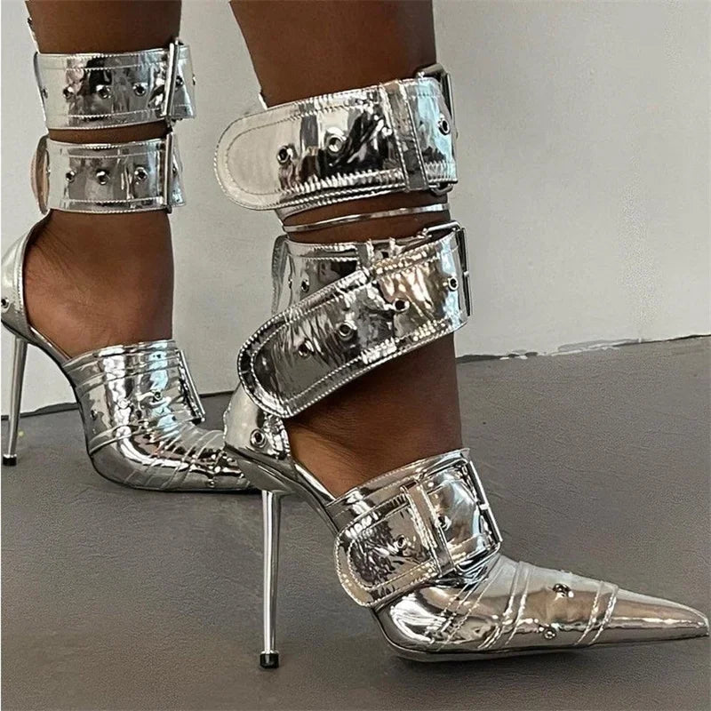 Indigo Denim Rivet Pointed-Toe Stiletto Sandals Main image
