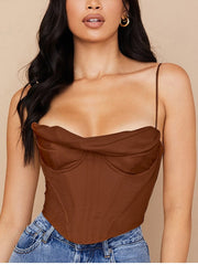 NewAsia Satin Corset Top Spaghetti Strap Lining Cowl Neck Boning Padded 2Layer Backless Zipper Bustier Sexy Crop Tops Women 2021
