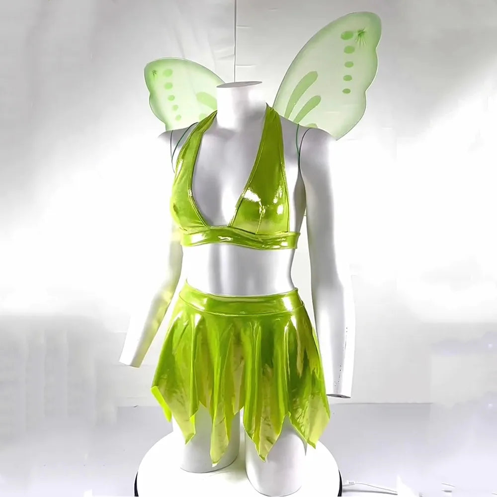 Fiorella Green Fairy Halter Top & Petal Skirt Costume Set with Wings