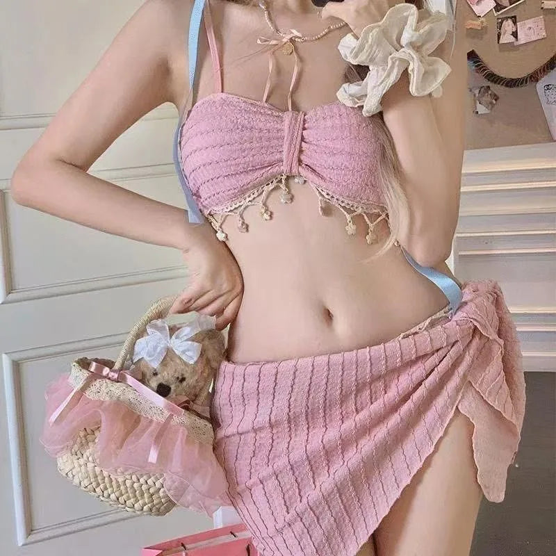 Women Three Piece Strapless Bikini Sweet Cute Pink Pure Desire Sexy Split Swimsuit Tummy Control Slim Beach Vacation Swimwear