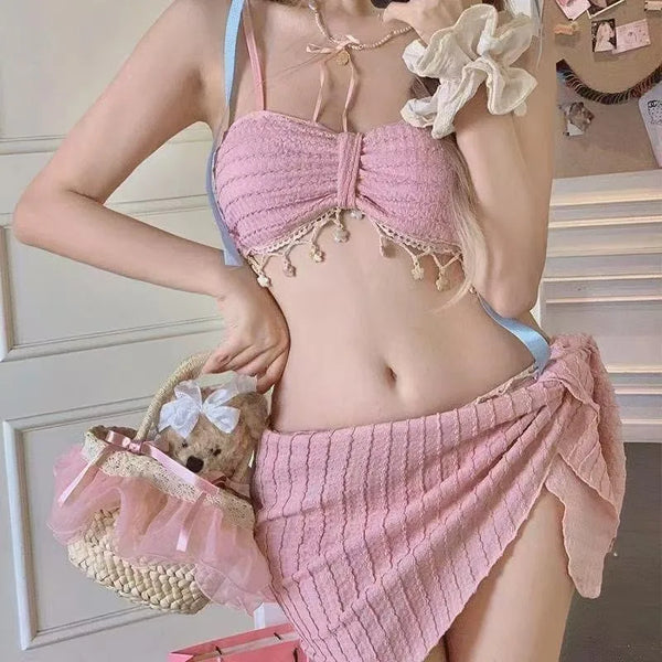 Women Three Piece Strapless Bikini Sweet Cute Pink Pure Desire Sexy Split Swimsuit Tummy Control Slim Beach Vacation Swimwear