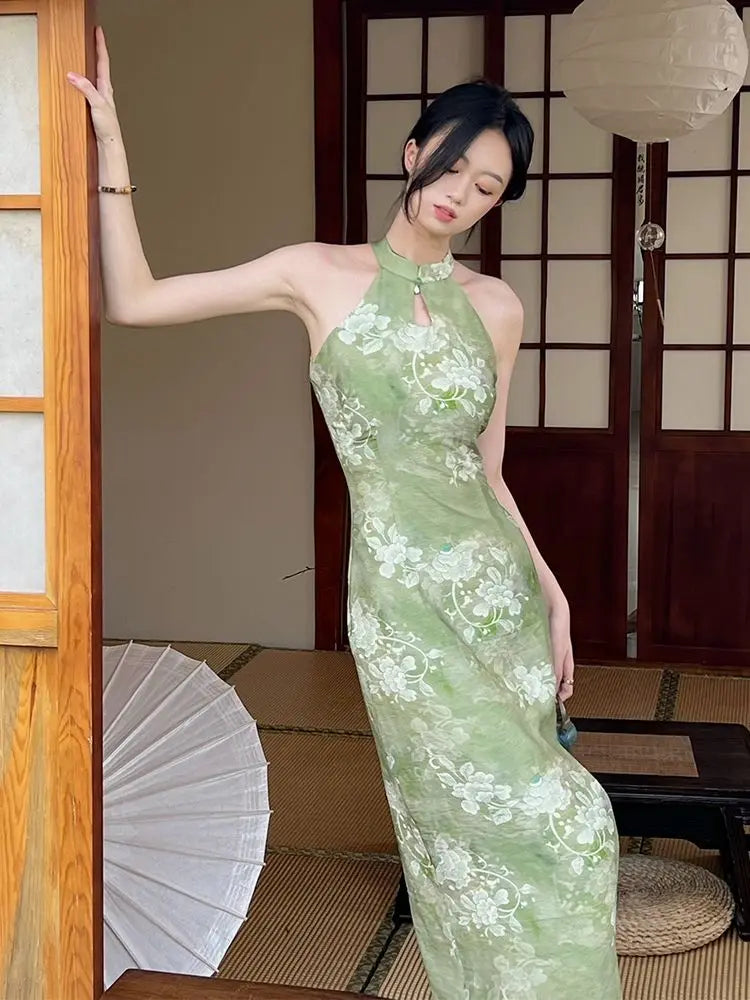 Qing Green Halter Modern Qipao Maxi Dress
