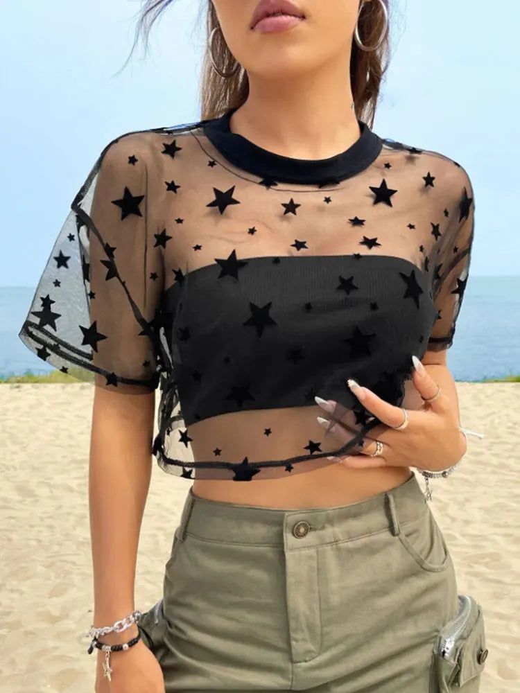 Stella Star-Embroidered Sheer Mesh Crop Top One-piece
