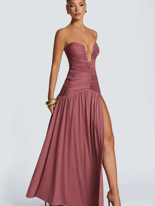 Celestia Strapless Pleated Split Maxi Dress