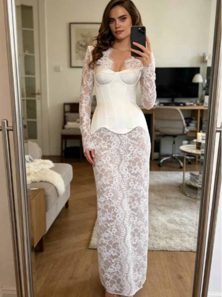 Whitney Lace Mesh Long-Sleeve Maxi Dress
