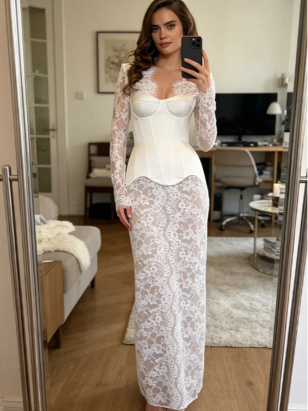 Whitney Lace Mesh Long-Sleeve Maxi Dress