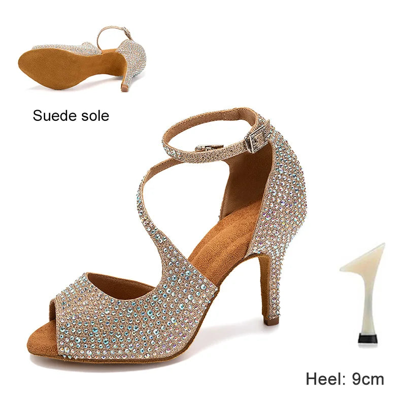 DKZSYIM Latin Dance Shoes For Women Ballroom Tango Rhinestones Dancing Shoes High Heels Black/Silver/Gold Women's Wedding Shoes