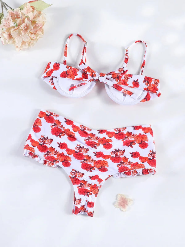 Marisa Red Floral String Bikini & Mesh Cover-Up Dress Collection
