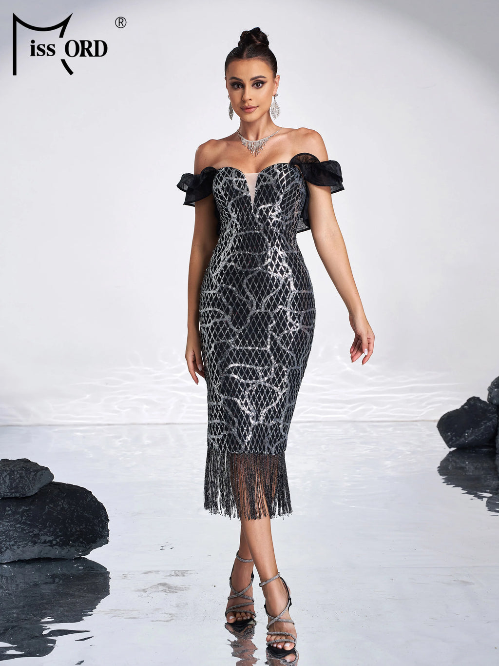 Elara Sequin Fringe Off-Shoulder Midi Dress