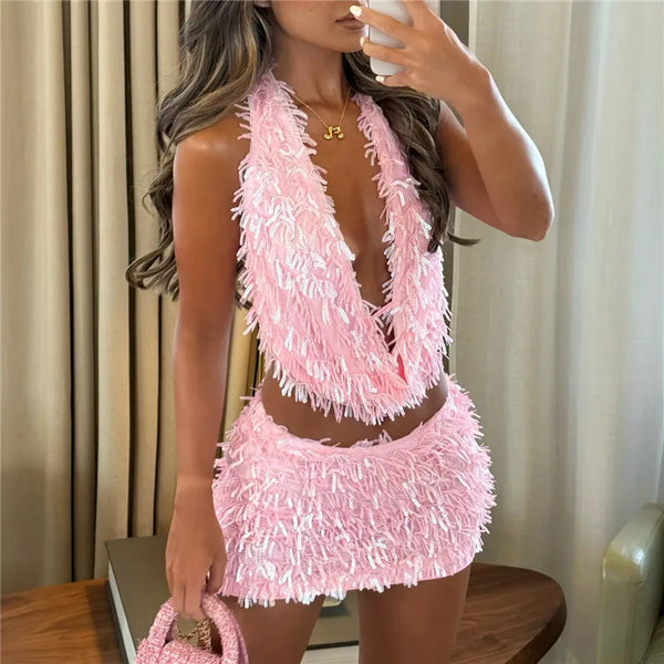 Mireya Sequin Tassel Halter Top & Mini Skirt Two-piece