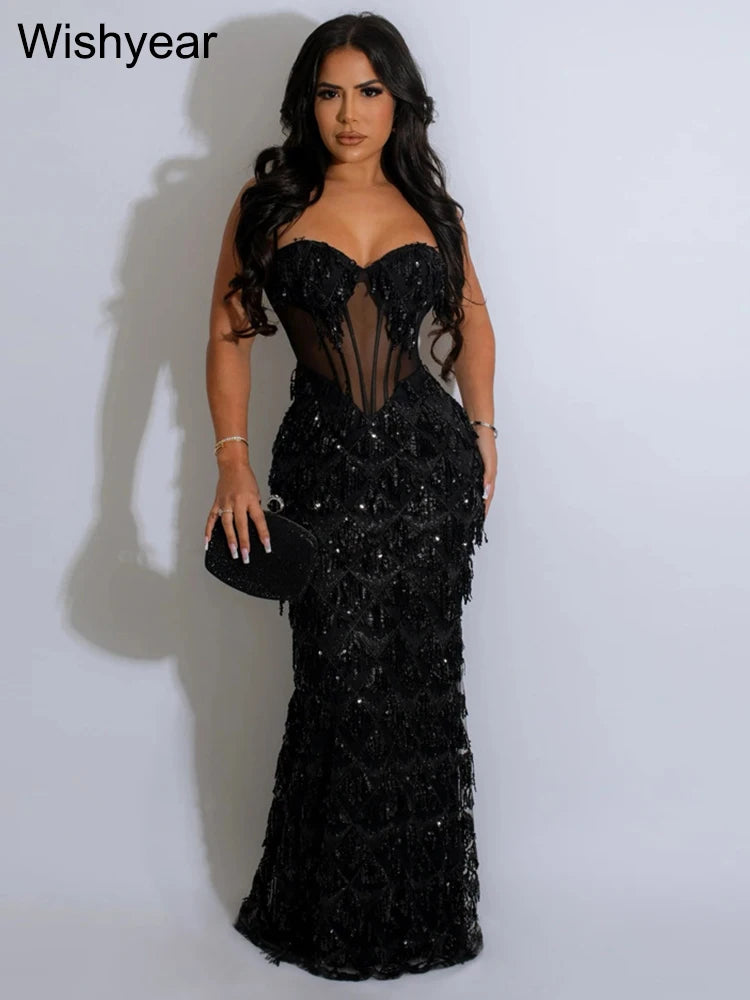 Elegant Luxury Celebrity Evening Party Dresses Women‘s Sequined Spaghetti Stap Mesh Patchwork Bodycon Sexy Birthday Prom Vestido Secondary image