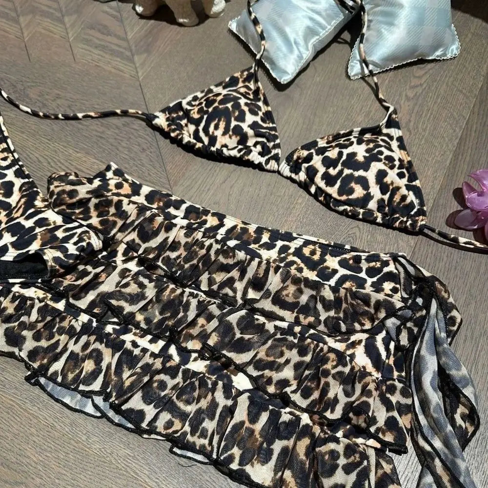 Fashion Leopard Print Women Swimsuit Padded 3-Piece Set Bikini Set Push Up Sexy Swimsuit Beach Vacations