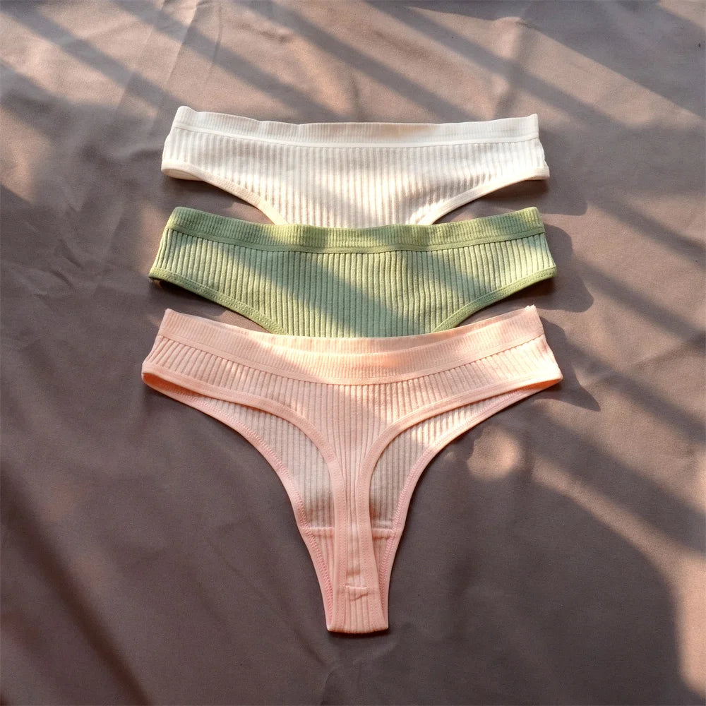 Mirelle Ribbed Cotton Thong Pack Lingerie 3-piece