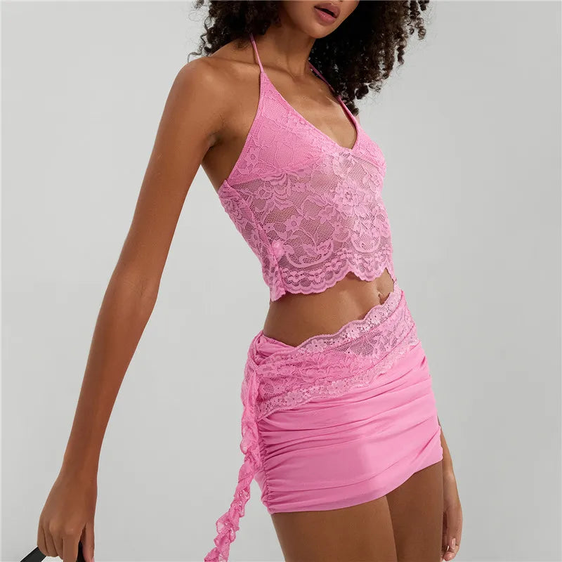 hirigin Sexy Lace Two Piece Set Women Outfit Halter Neck Backless Crop Top And Bodycon Mini Skirt Female Club Party Dress Sets
