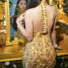 Selena Crystal Sheer Bodycon Halter Mini Dress