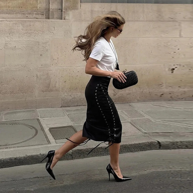 Dorota Side Lace-Up High-Waist Midi Pencil Skirt One-piece