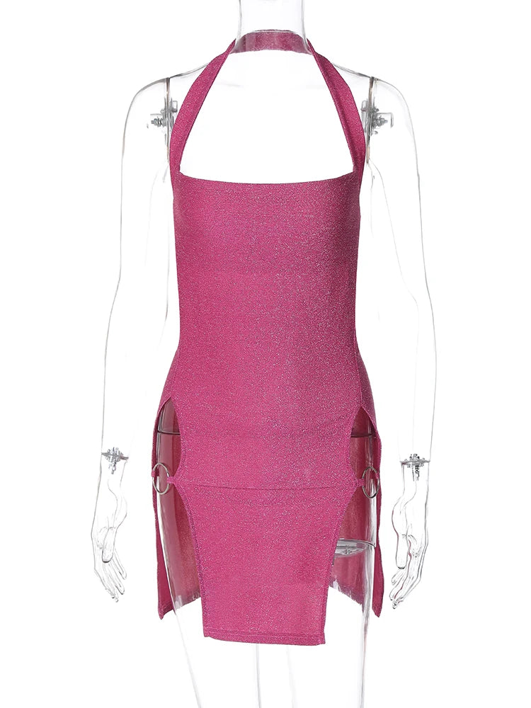 Roxy Metallic O-Ring Split Halter Mini Dress