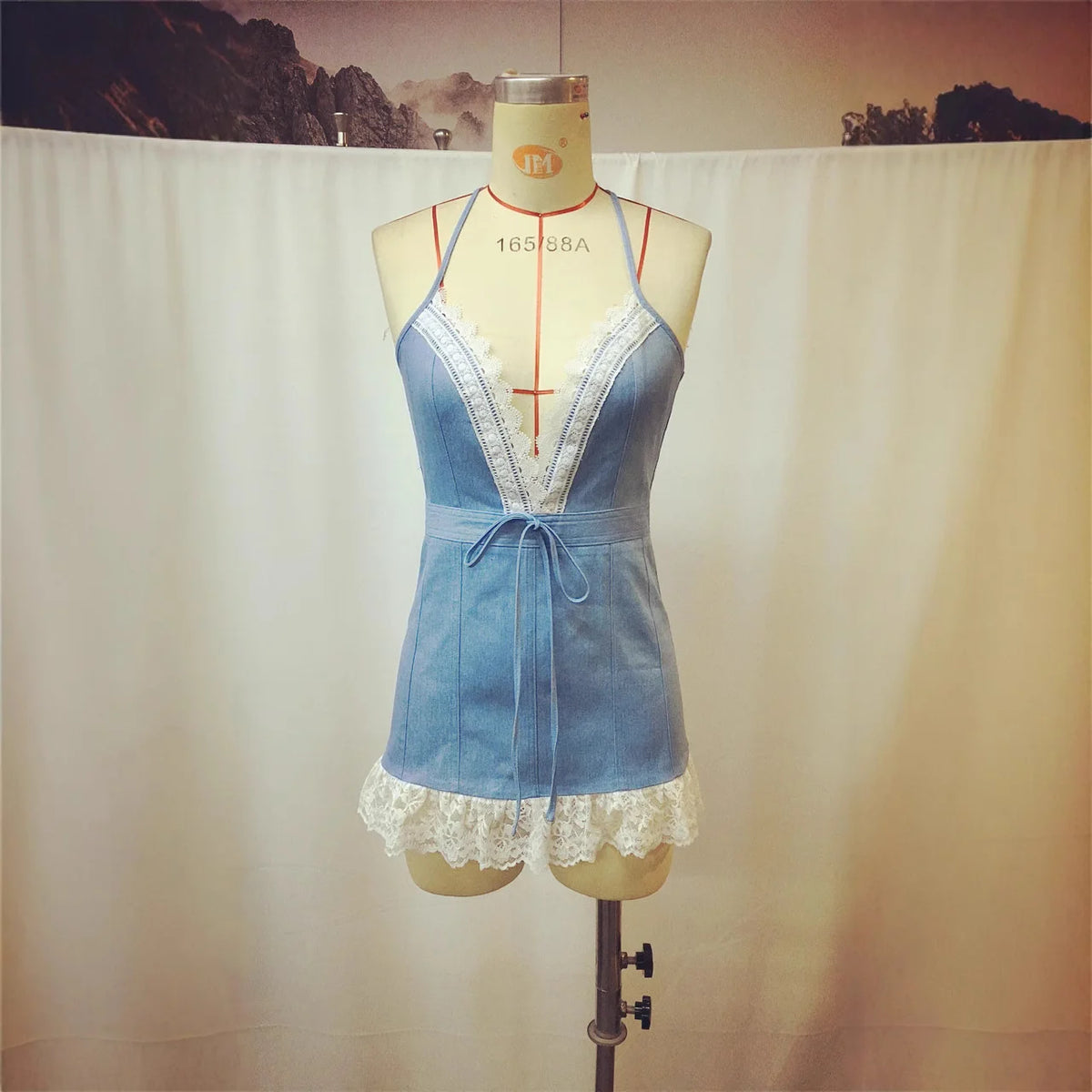 Adelais Lace-Trim Denim A-Line Mini Dress