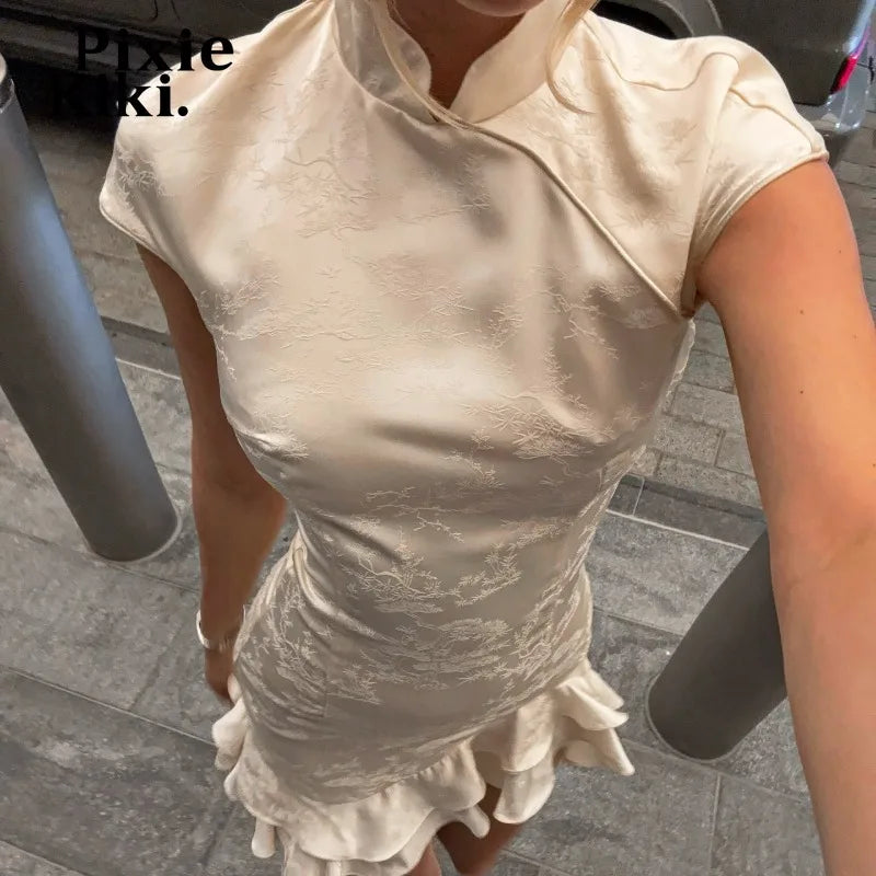 PixieKiki Chinese Style Jacquard Asymmetric Ruffle Mini Dress Elegant Vintage Cheongsam Summer Dresses for Woman P56-GD14
