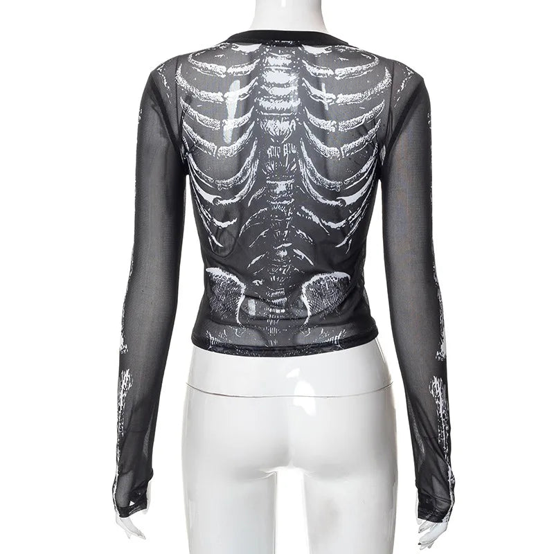 Morticia Skeleton Print Sheer Mesh Long-Sleeve Top One-piece