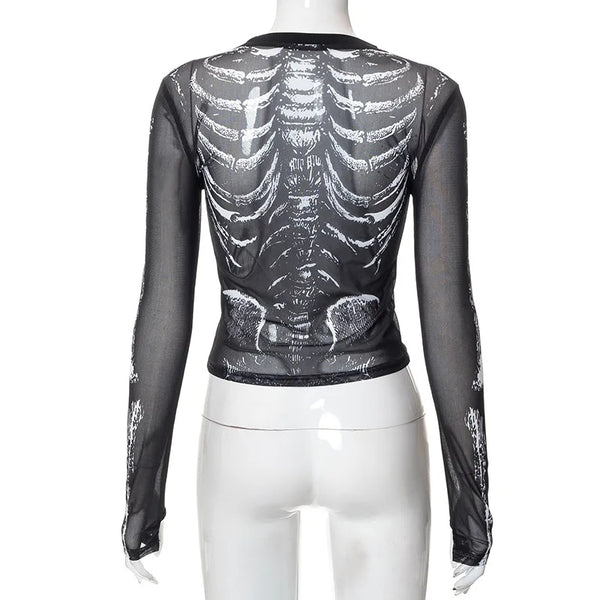 Morticia Skeleton Print Sheer Mesh Long-Sleeve Top One-piece