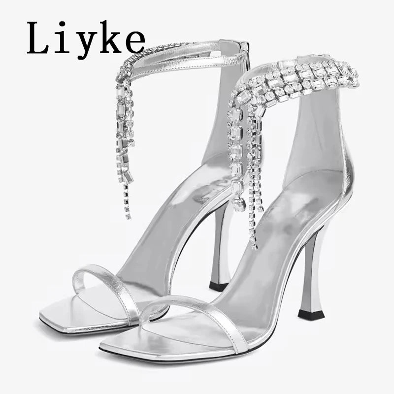 Liyke 2026 New Fashion Crystal Tassels Woman Sandals Sexy Ankle Zip Cover Strap Rhinestone High Heels Wedding Party Shoes Women
