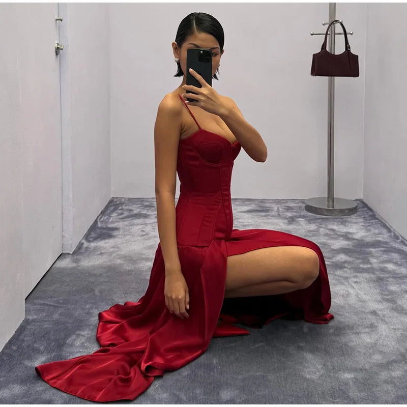 Delphinia Satin Corset Cami Asymmetric Slit Midi Dress