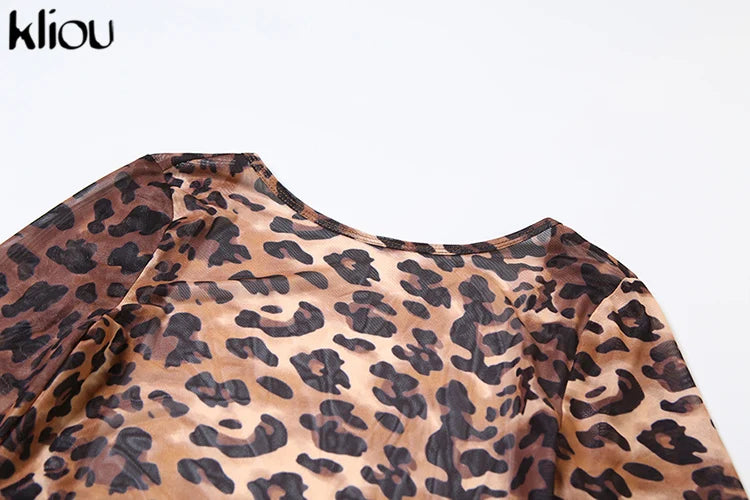 kliou Mesh Leopard Women Playsuits Sexy Hot Thin See Through Backless Full Sleeve Body-shaping Romers Female Stunning Clubwear