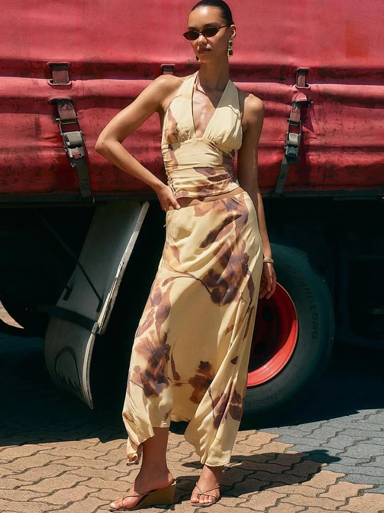 Emmeline Floral Printed Halter Maxi Skirt Set Two-piece