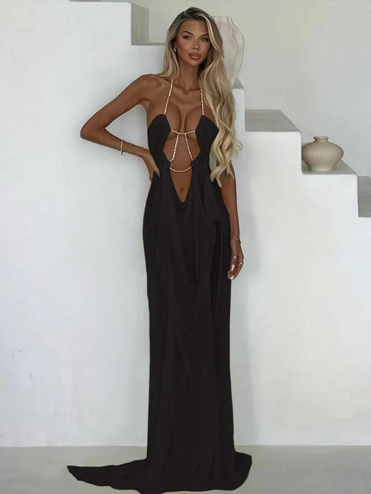 Kira Chain-Halter Mesh Maxi Dress