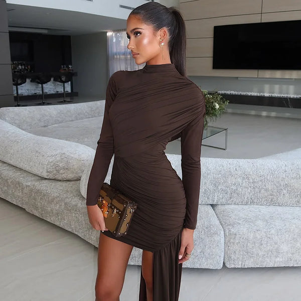 Kaia Ruched Turtleneck Long-Sleeve Mini Dress