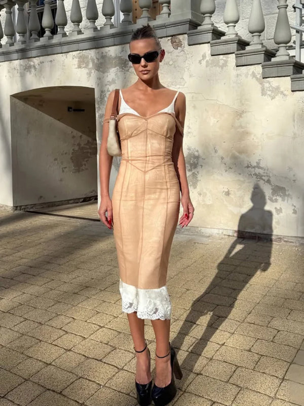 Serena Sheer Mesh Lace-Trim Midi Dress