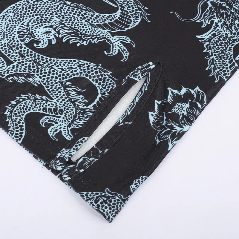 Xiaolan Dragon Print Keyhole Mandarin-Collar Qipao Bodycon Mini Dress
