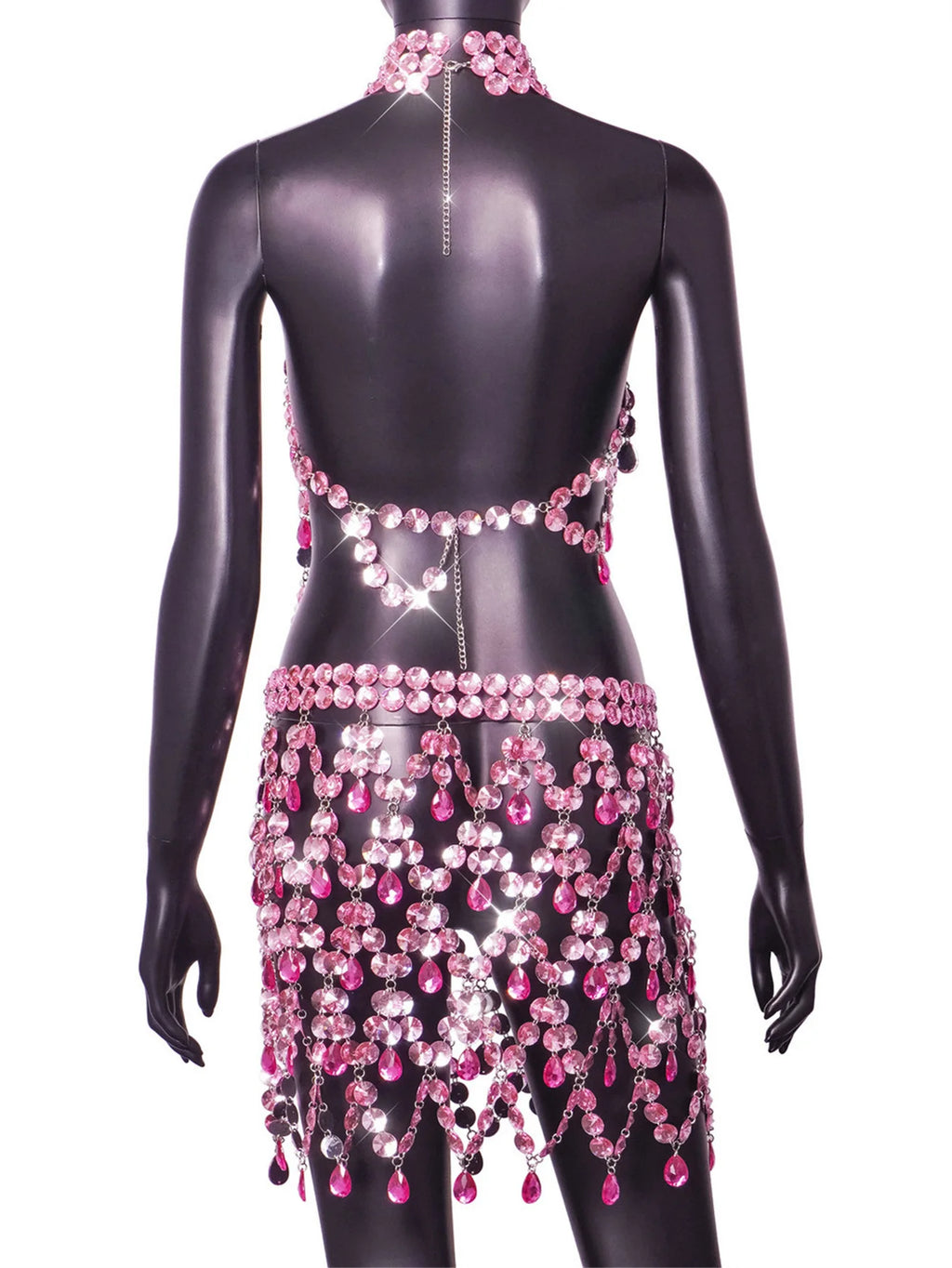 Dorinda Pink Crystal Rhinestone Halter Top & Fringe Mini Skirt Lingerie Set Two-piece