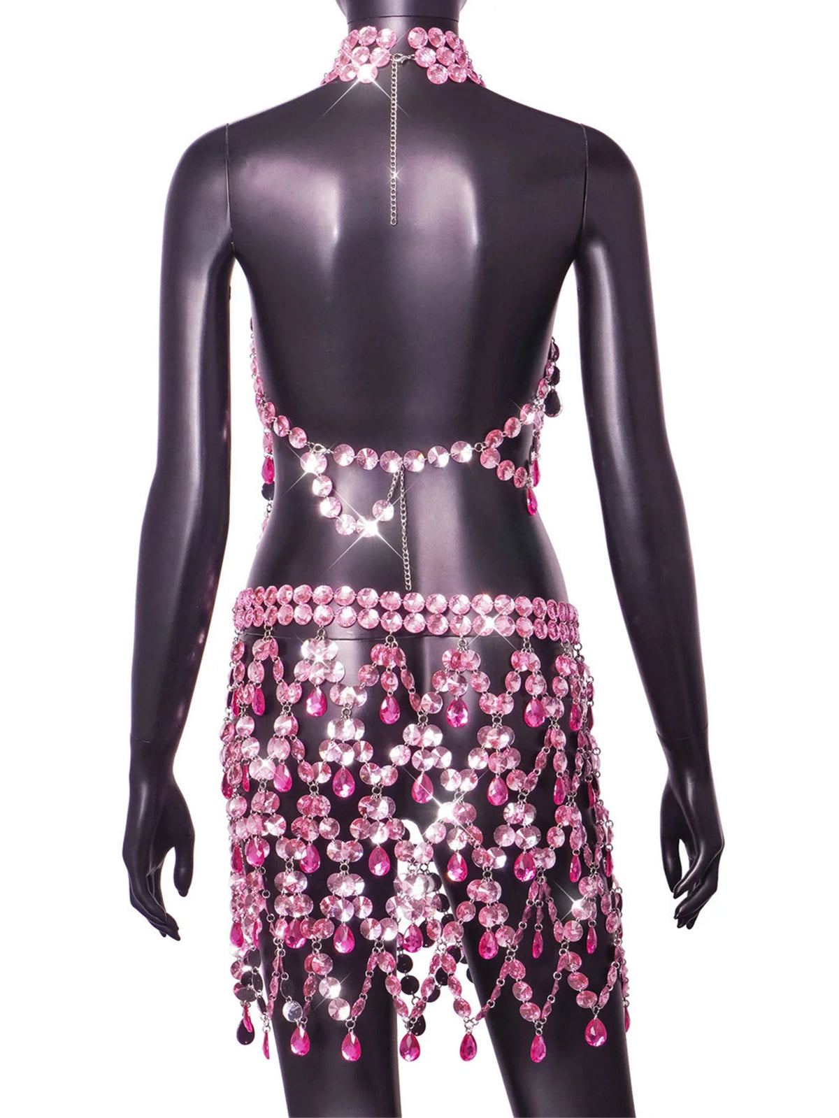 Dorinda Pink Crystal Rhinestone Halter Top & Fringe Mini Skirt Lingerie Set Two-piece