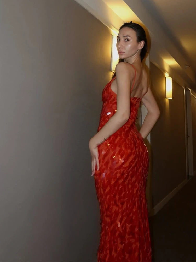 Ismene Sequin Plunge Keyhole Backless Cami Mermaid Maxi Dress