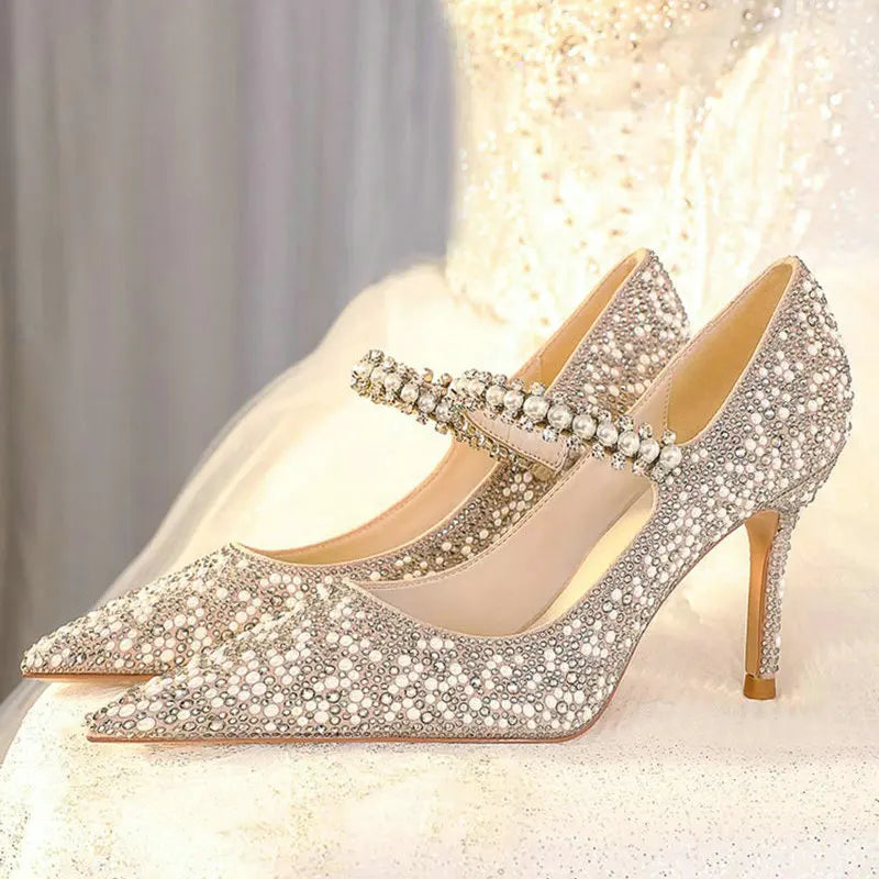 Crystal Women Wedding Pumps One Strap Pointed Toe Famous Shoes Ladies Elegant Spring Summer Stiletto Heels Pumps Bride Balanced