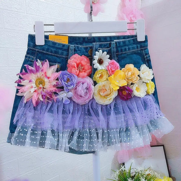 Flora 3D Floral Denim Shorts Apparel One-piece