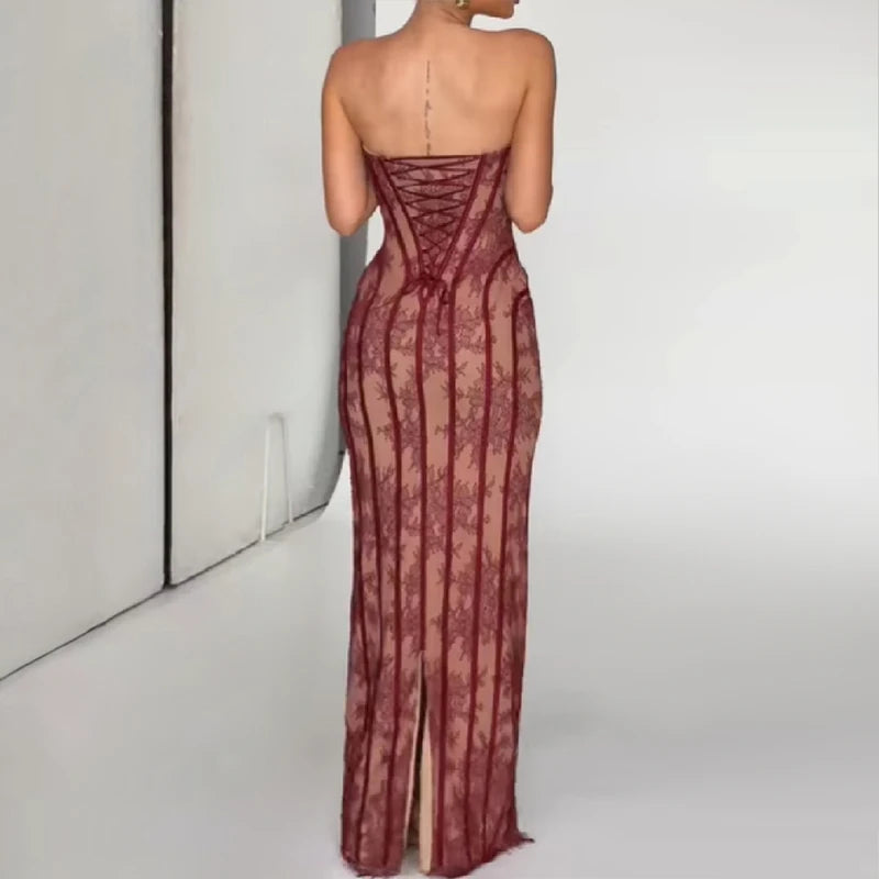 Zenobia Striped Floral Strapless Corset Backless Dress