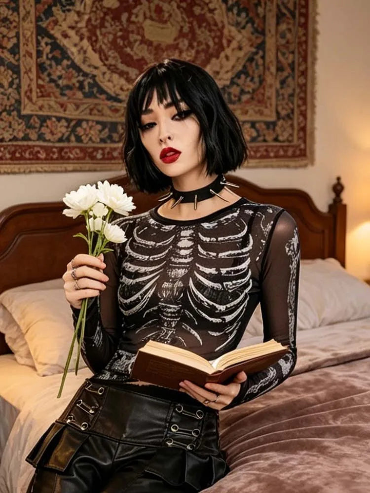 Morticia Skeleton Print Sheer Mesh Long-Sleeve Top One-piece